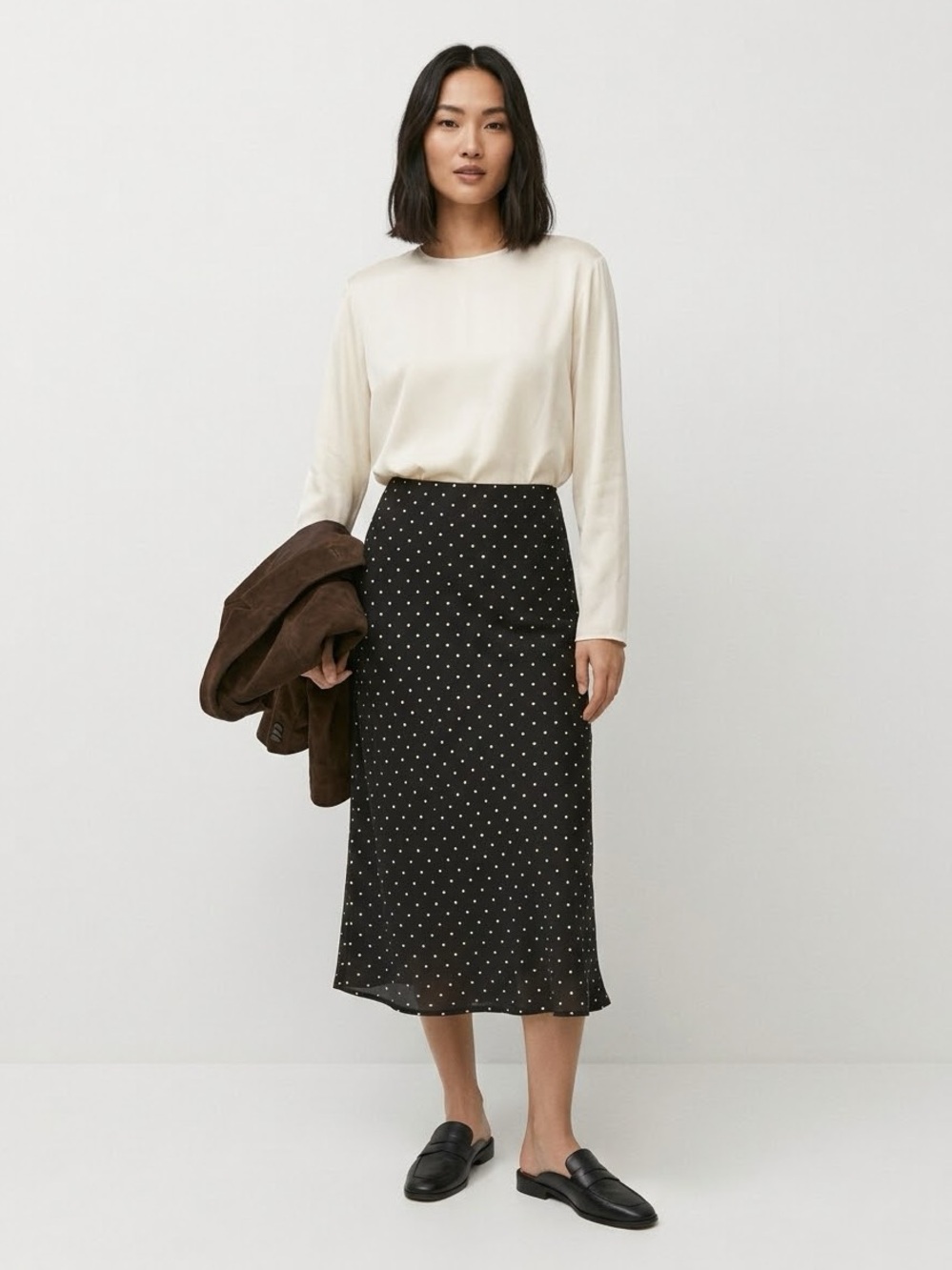Vintage Silk Polkadot Midi Skirt Size 8 Black White Talbots